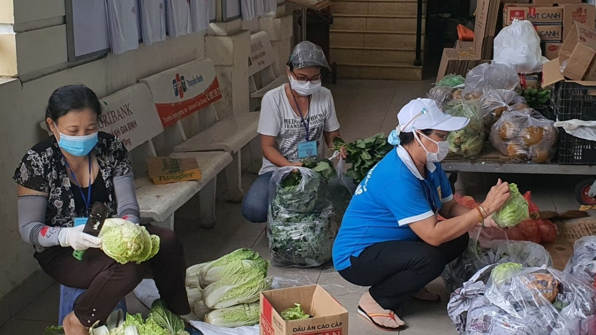 Hội phụ nữ Phường 3, quận Gò Vấp phân loại rau củ cung cấp cho các hộ gia đình.