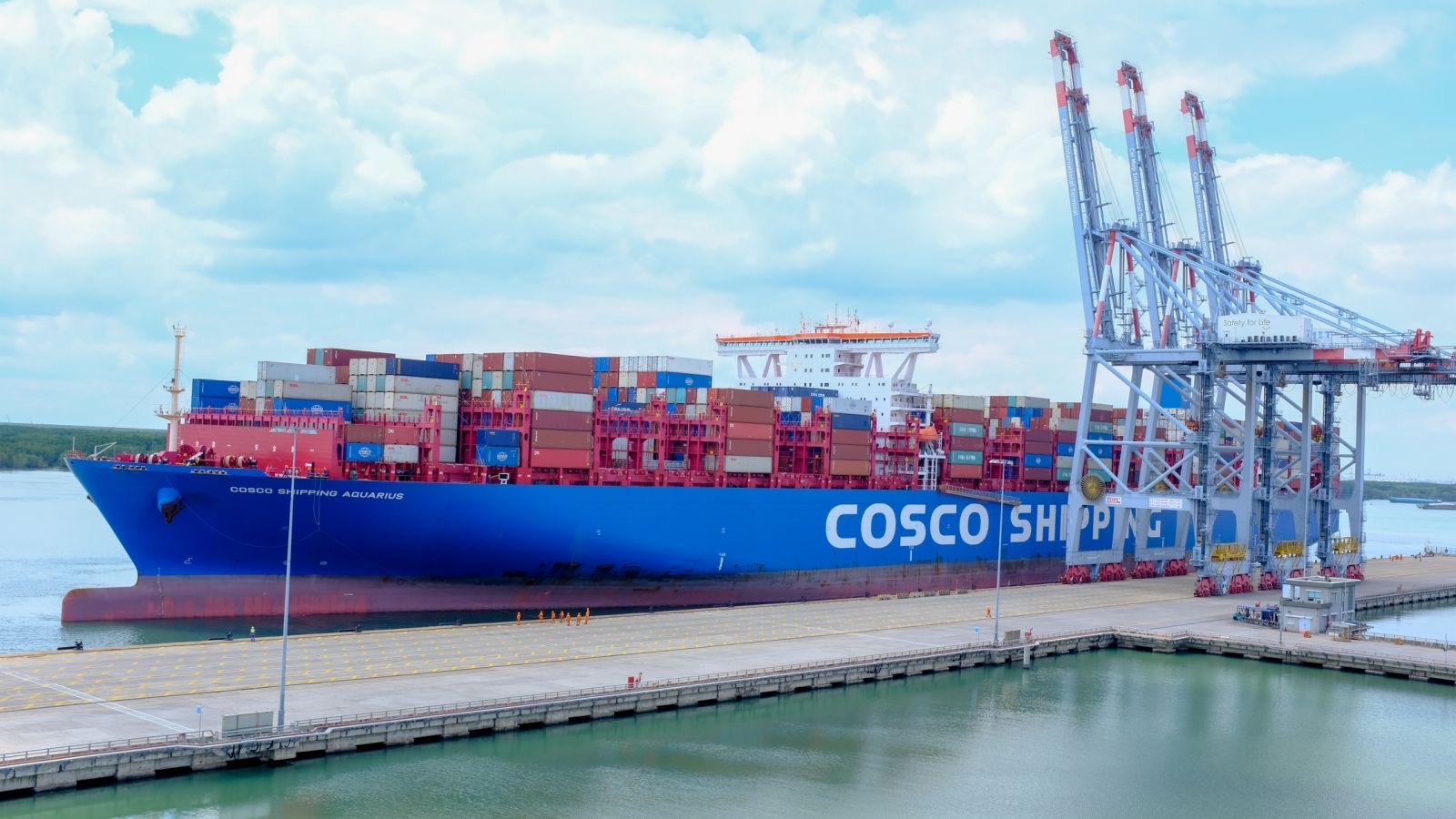   &quot;Siêu tàu &quot; Cosco Shipping Aquarius trọng tải 197.049 DWT (tương đương 20.119 TEU) là tàu có sức chở lớn nhất từng cập cảng Việt Nam đã tiếp nhận hàng hóa tại Cát Lái  ngày 7-8/9 vừa qua. Ảnh: CMIT