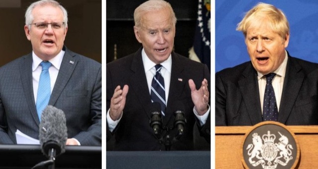 Thủ tướng Australia Scott Morrison, Tổng thống Mỹ Joe Biden, Thủ tướng Anh Boris Johnson sẽ c&ocirc;ng bố một hiệp ước quốc ph&ograve;ng mới v&agrave;o s&aacute;ng 16/7. Ảnh: SMH