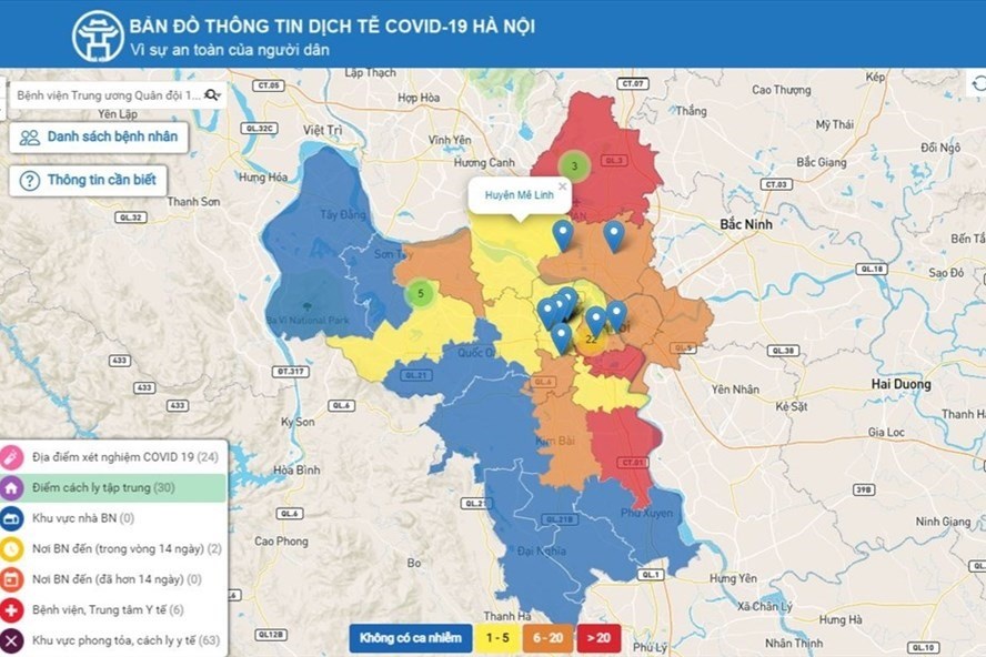 Bản đồ thông tin dịch tễ COVID-19 tại Hà Nội. Ảnh chụp màn hình
