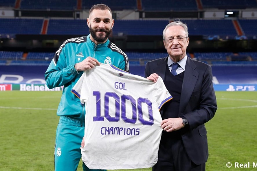 Karim Benzema đánh dấu bàn thắng thứ 1.000 của câu lạc bộ Real Madrid trong lịch sử tham dự Cúp C1/Champions League. Ảnh: Real Madrid
