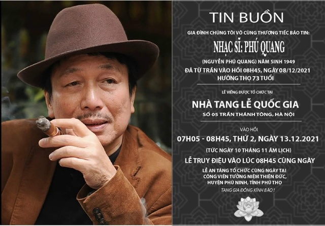 Thông tin về tang lễ của nhạc sĩ Phú Quang (Ảnh: GĐCC).