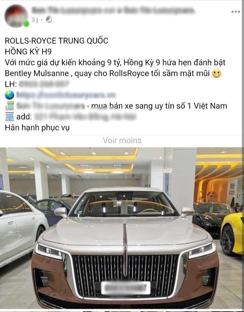 Th&ocirc;ng tin một đại l&yacute; tư nh&acirc;n tại Việt Nam b&aacute;o gi&aacute; mẫu xe Hongqi H9 với gi&aacute; khoảng 9 tỷ đồng (Ảnh chụp m&agrave;n h&igrave;nh).