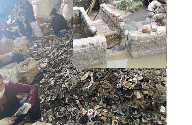 Nguồn nước thải trong quá trình tẩy rửa phế liệu được các cơ sở xả thẳng ra kênh mương mà không qua xử lý. Ảnh: HY