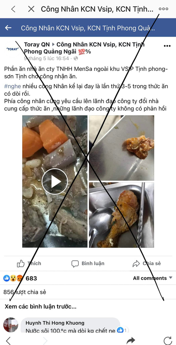 Mấy ngày qua, một số tài khoản Facebook đăng thông tin hình ảnh, clip suất ăn đầy dòi được cho là tại Công ty TNHH Mensa Industries (Khu công nghiệp VSIP Quảng Ngãi). Tuy nhiên, công an xác minh thông tin này sai sự thật.