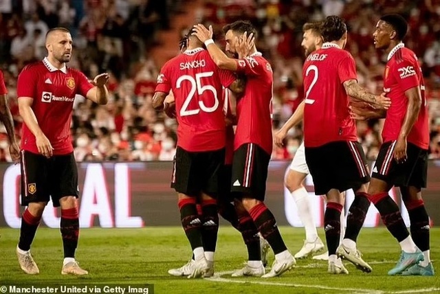 Các cầu thủ Man Utd ăn mừng bàn thắng mở tỷ số của Jadon Sancho vào lưới Liverpool (Ảnh: Getty).