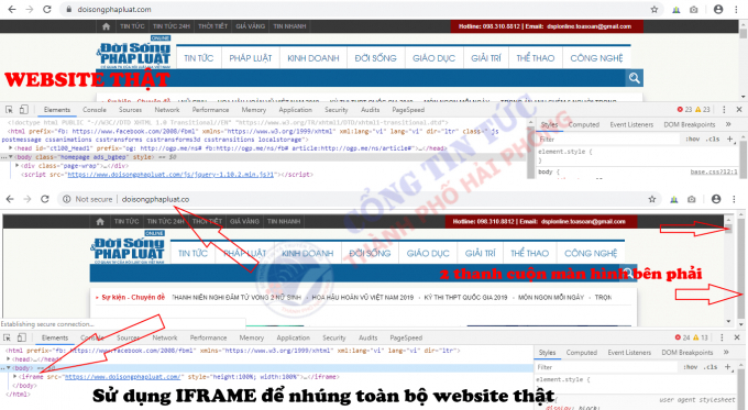 Mã nguồn website giả có sử dụng IFRAME để nhúng nội dung.