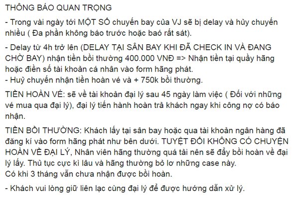 Một đại lý đăng thông báo trên Facebook về sự cố hoãn chuyến, hủy chuyến của Vietjet - Ảnh chụp màn hình