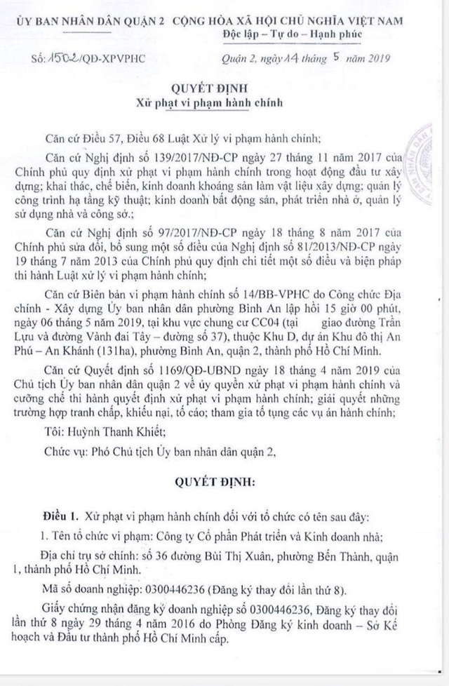 UBND Quận 2 đã phạt chủ đầu tư số tiền 40 triệu đồng