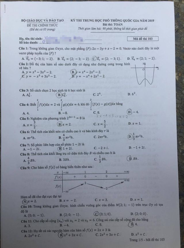 Môn Toán - Đề thi và đáp án chính thức THPT quốc gia 2019 - 1 Môn Toán - Đề thi và đáp án chính thức THPT quốc gia 2019 - 1