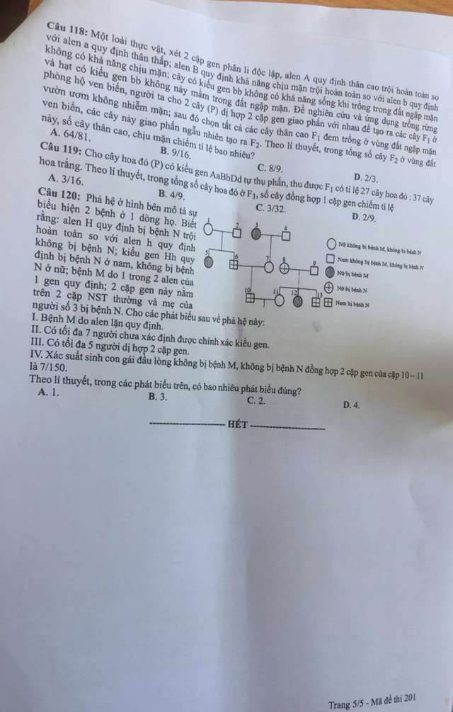 Môn Sinh học - Đề thi và đáp án chính thức THPT quốc gia 2019 - 5
