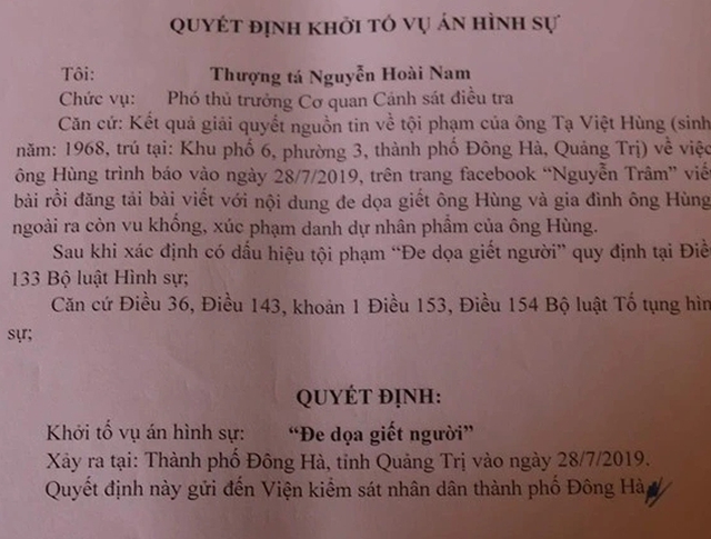 Khởi tố vụ án hình sự “đe dọa giết người” trên Facebook - 1