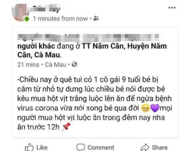 Chia sẻ “ăn hột vịt trắng ngừa corona”, bị phạt 10 triệu đồng - 1