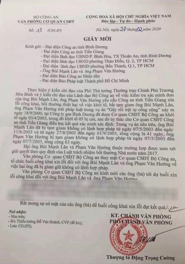 Bộ Công an tổ chức xin lỗi 2 công dân bị bắt giam trái pháp luật - 1 Bộ Công an tổ chức xin lỗi 2 công dân bị bắt giam trái pháp luật - 1