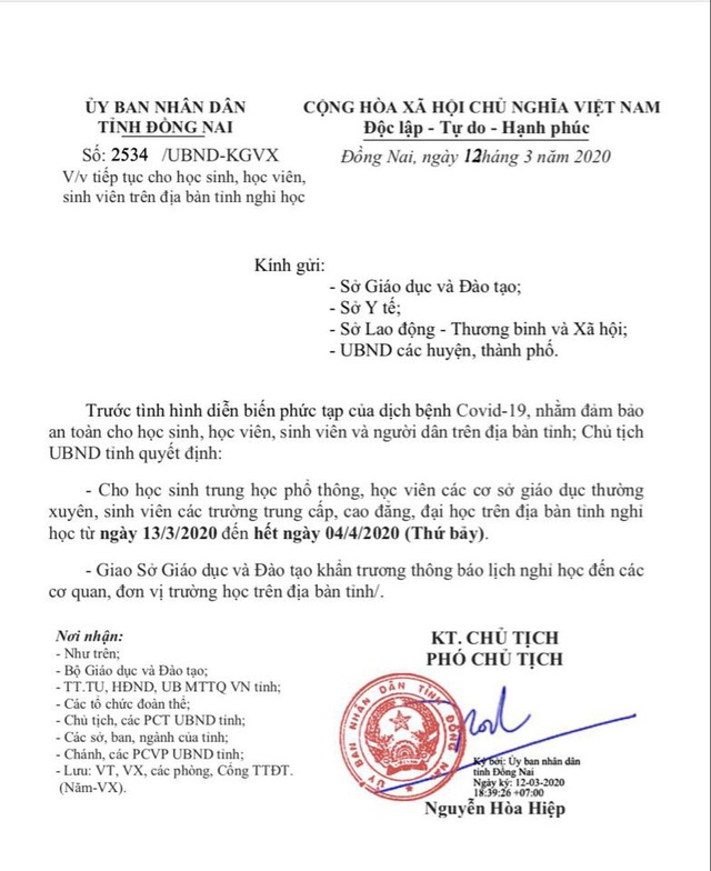 Toàn bộ HS, SV ở Đồng Nai nghỉ học đến hết ngày 4/4 - 1 Toàn bộ HS, SV ở Đồng Nai nghỉ học đến hết ngày 4/4 - 1