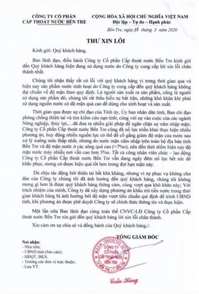 Buộc phải cấp nước mặn cho dân, công ty nước viết thư xin lỗi - 1