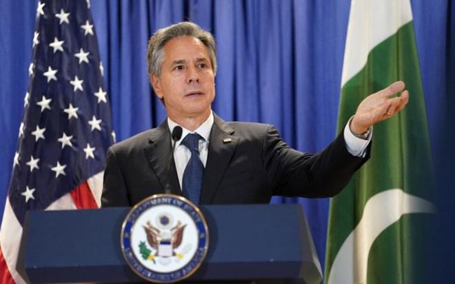 Ngoại trưởng Mỹ Antony Blinken phát biểu sau cuộc gặp với Bộ trưởng Bộ Ngoại giao Pakistan ở Washington, Mỹ, ngày 26/9/2022. (Ảnh: Reuters)