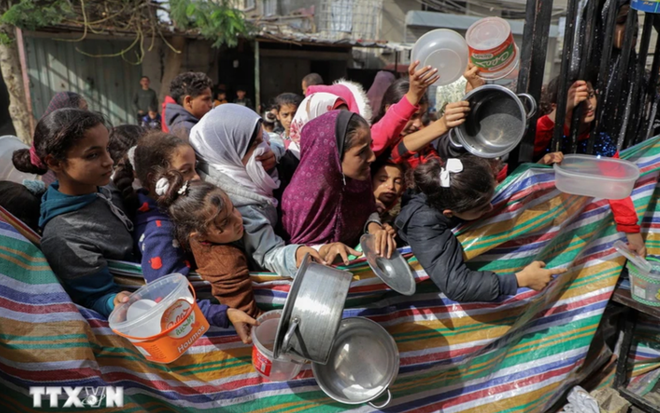 Người dân chờ được phát thực phẩm cứu trợ tại Rafah, Dải Gaza, ngày 19/11/2023. Ảnh: THX/TTXVN

