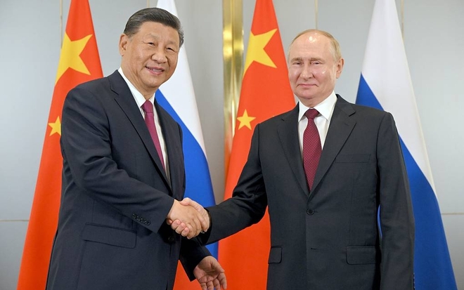 Tổng thống Nga Vladimir Putin và Chủ tịch Trung Quốc Tập Cận Bình tại Astana, Kazakhstan ngày 3/7/2024. Ảnh: TASS

